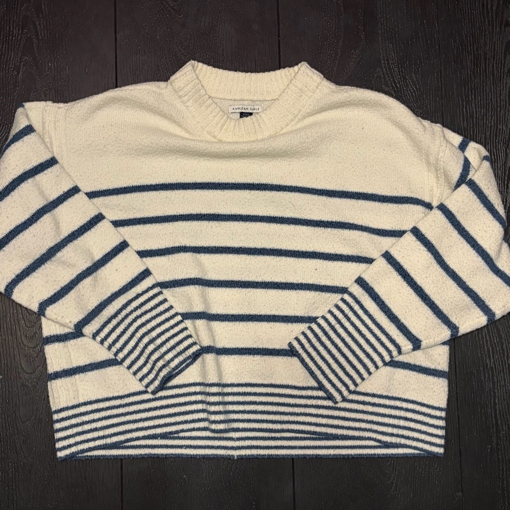 American Eagle Outfitters Cream & Navy Striped Crew Sweater